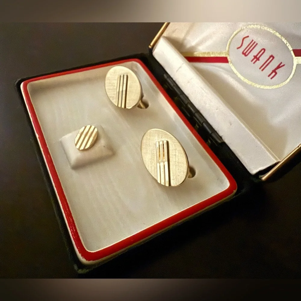 Vintage SWANK Deluxe Cufflinks & Tie Pin Set | Gold Tone | Original Box | NIB